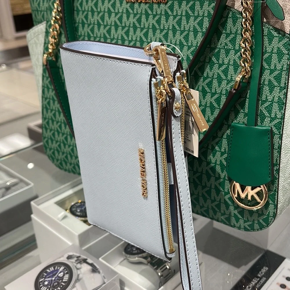 MICHAEL KORS LARGE DOUBLE ZIP WRISTLET WALLET PHONE CASE CLUTCH Vista Blue